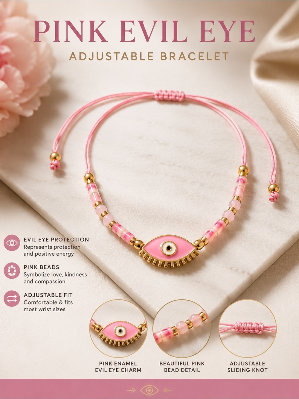 Pink Evil Eye Adjustable Bracelet - Pink Enamel & Gold Accents